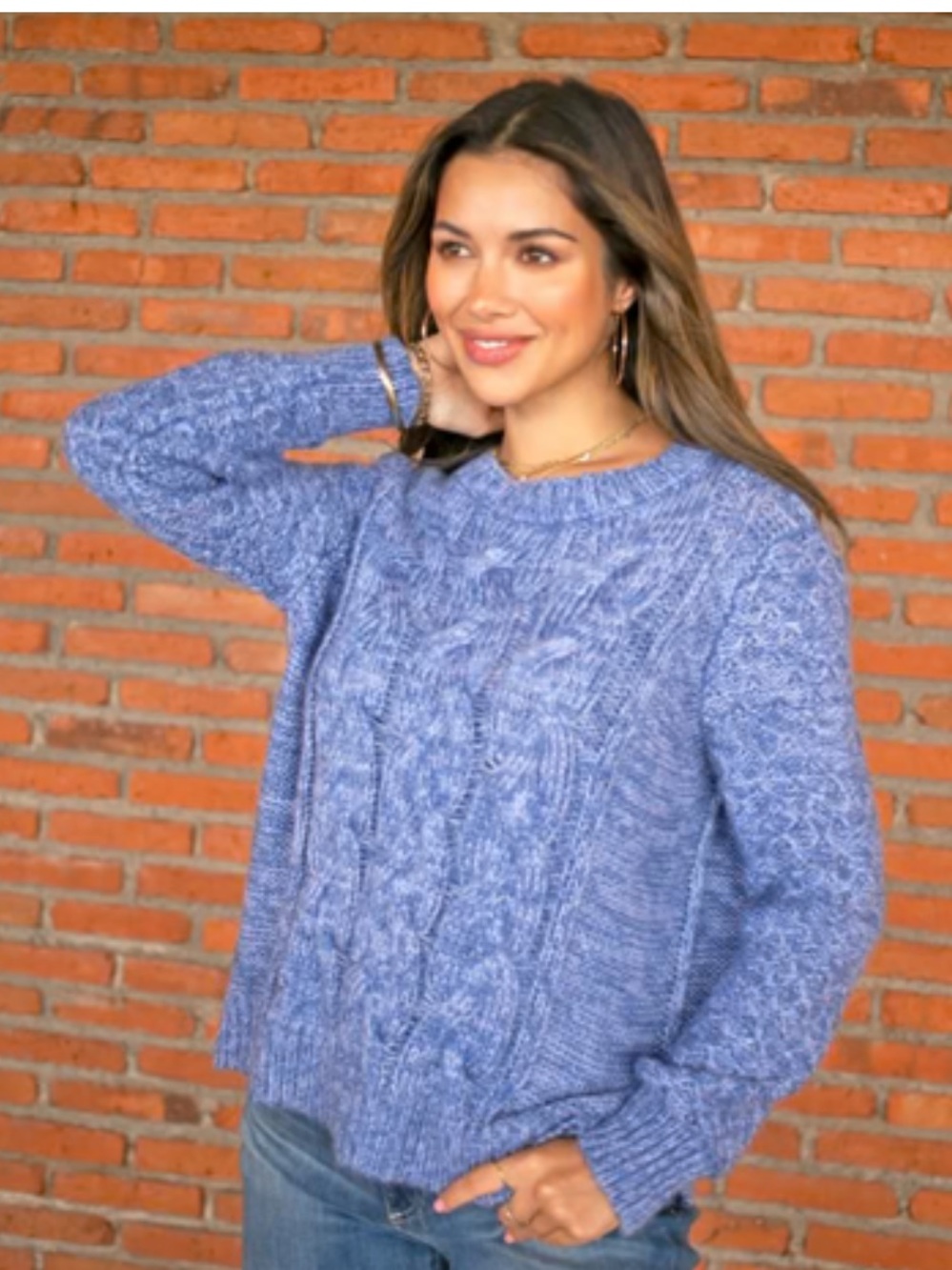 Wooden Ships Heathered Blue Chunky Cable Knit Crewneck Sweater Wool Mohair Small